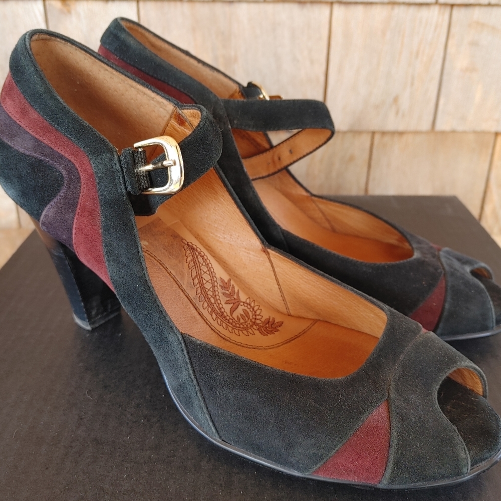 Sofft open peep toe pin-up style suede black high heels, size 11